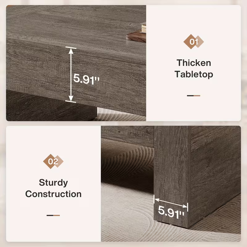 51" Solid Wood Coffee Table - Farmhouse Style Thickened Base (Color: Grey)