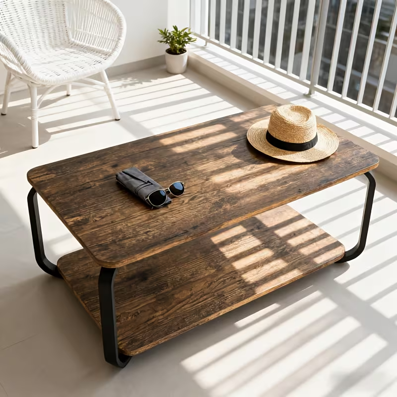Solid Wood: Retro Luxury Double-Layer Metal Frame Solid Wood Coffee Table with Storage Shelf
