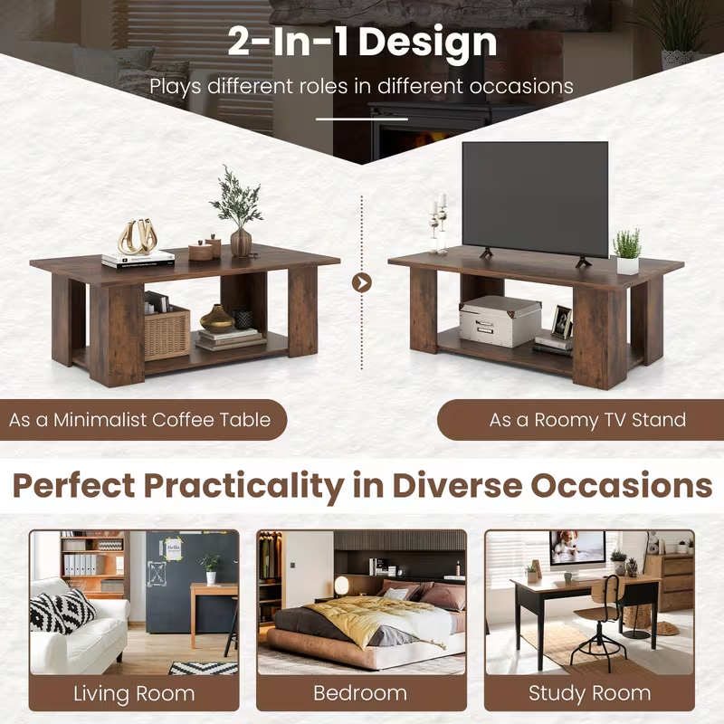 Modern Brown Coffee Table, 2-Tier LIFEZEAL Coffee Table with Storage Shelf