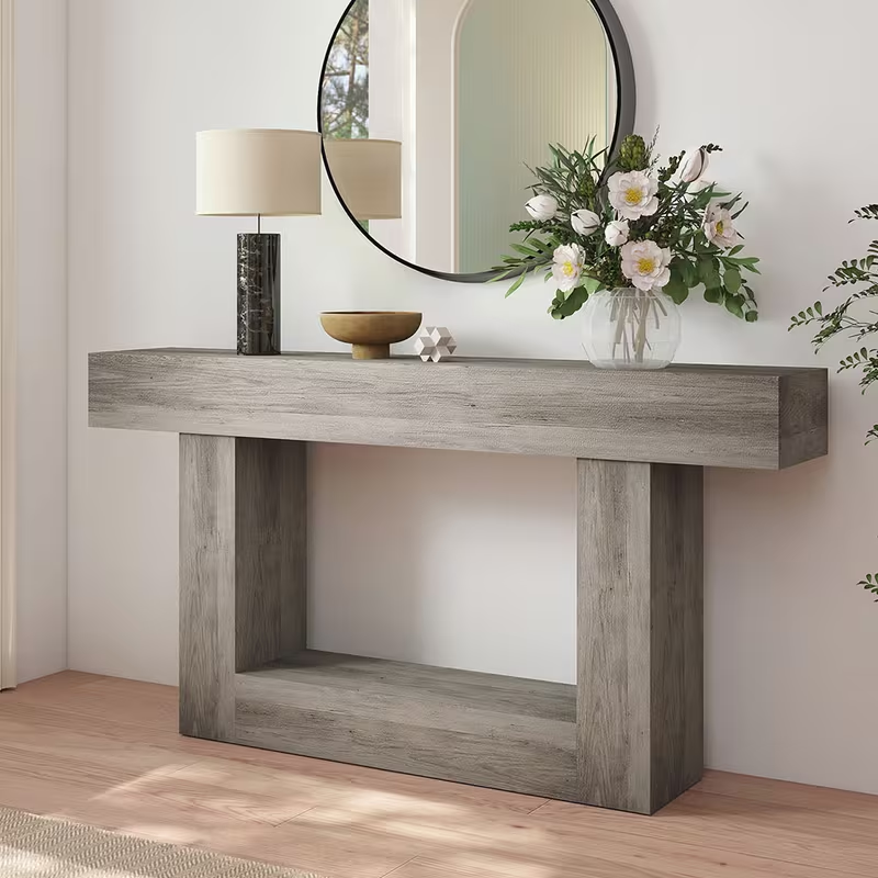63" Modern Farmhouse Console Table with U-Shaped Base & 2-Tier Shelves (Light Grey)