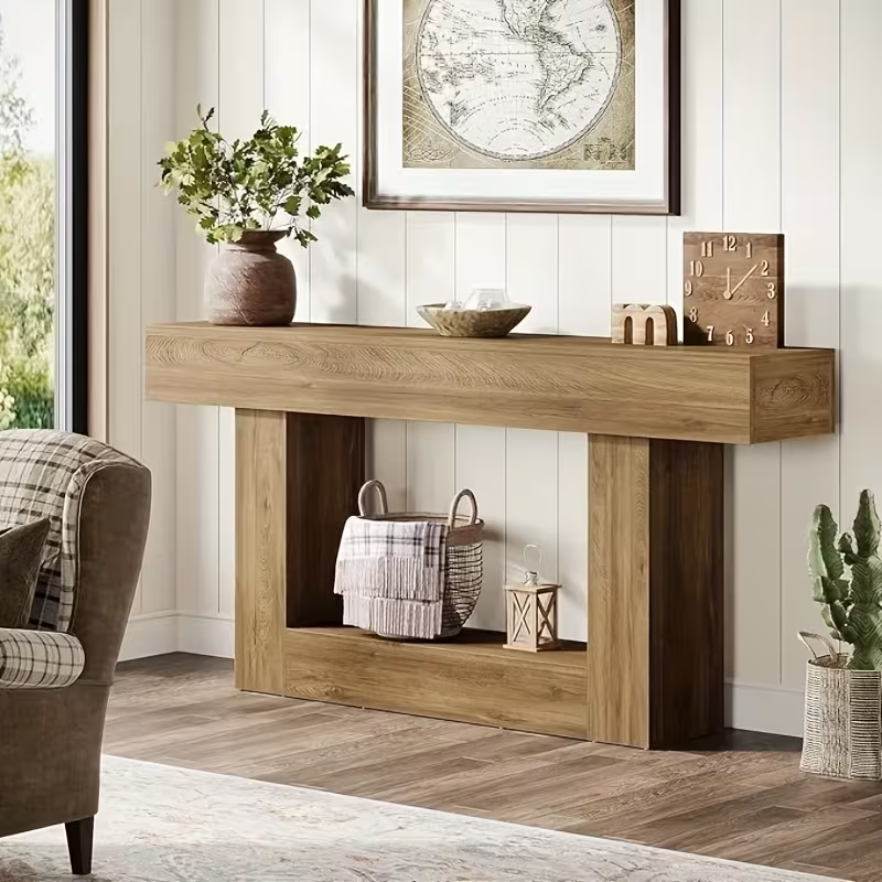 63" Modern Farmhouse Console Table with U-Shaped Base & 2-Tier Shelves