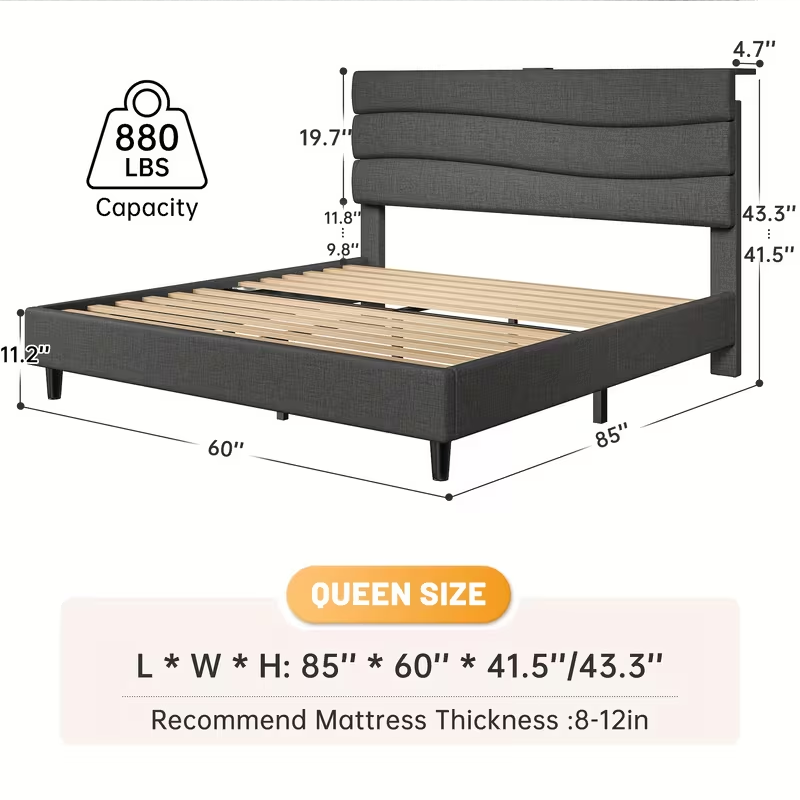Queen Bed Frame, Stylish Wave Bed Frame (Grey)