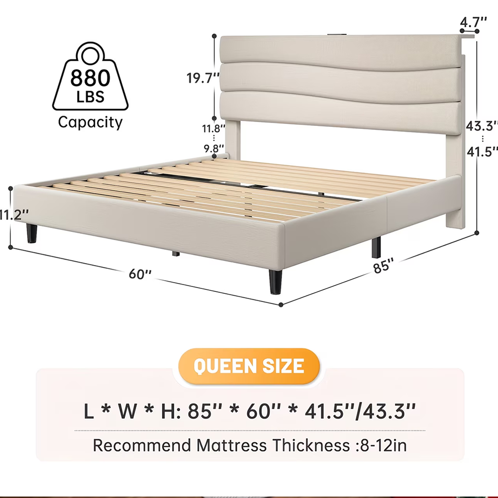 Queen Bed Frame, Stylish Wave Bed Frame (Beige)