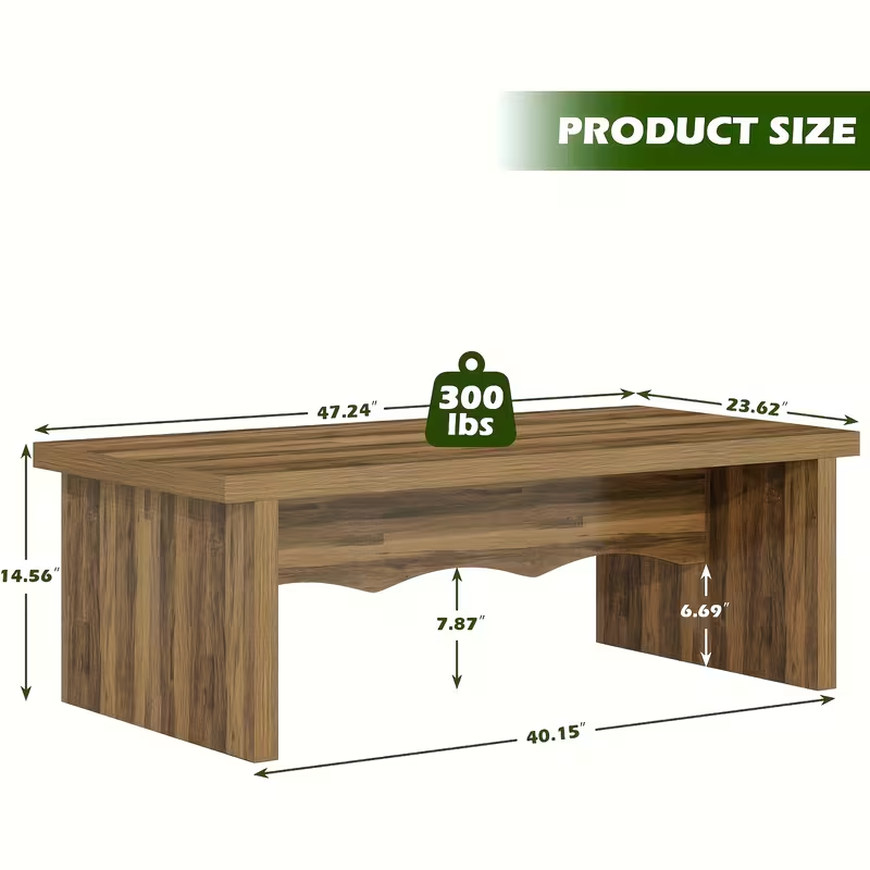 47 Inch Thick Wooden Rustic Coffee Table with Wood-Grain, Mid Century Modern Coffee