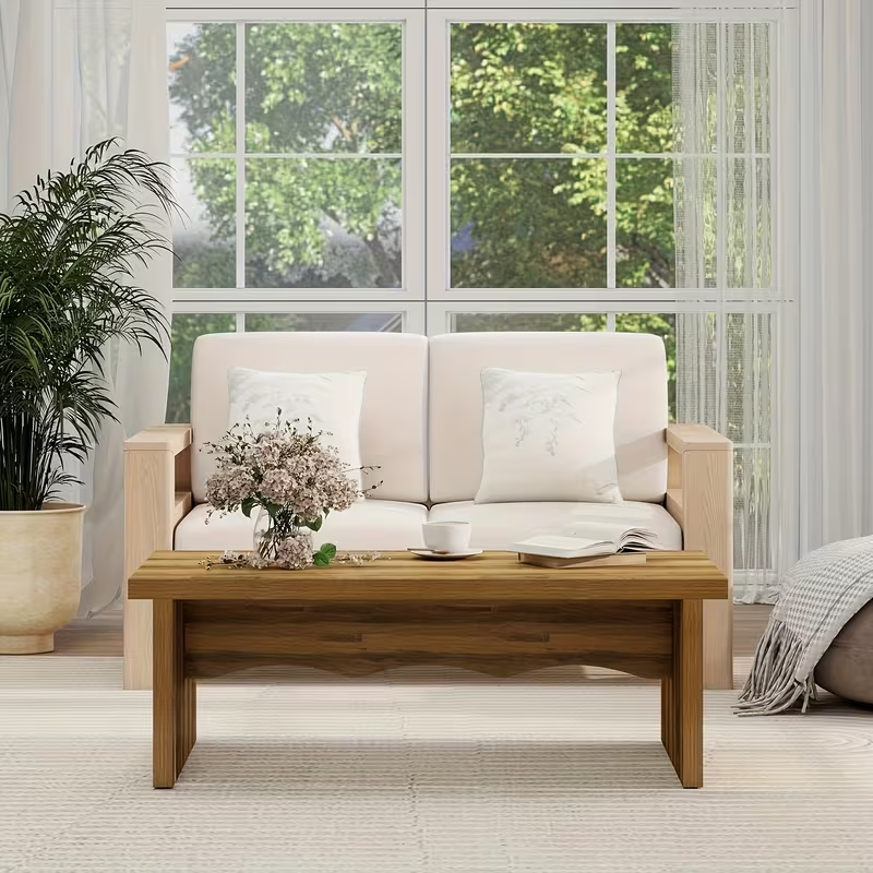 47 Inch Thick Wooden Rustic Coffee Table with Wood-Grain, Mid Century Modern Coffee