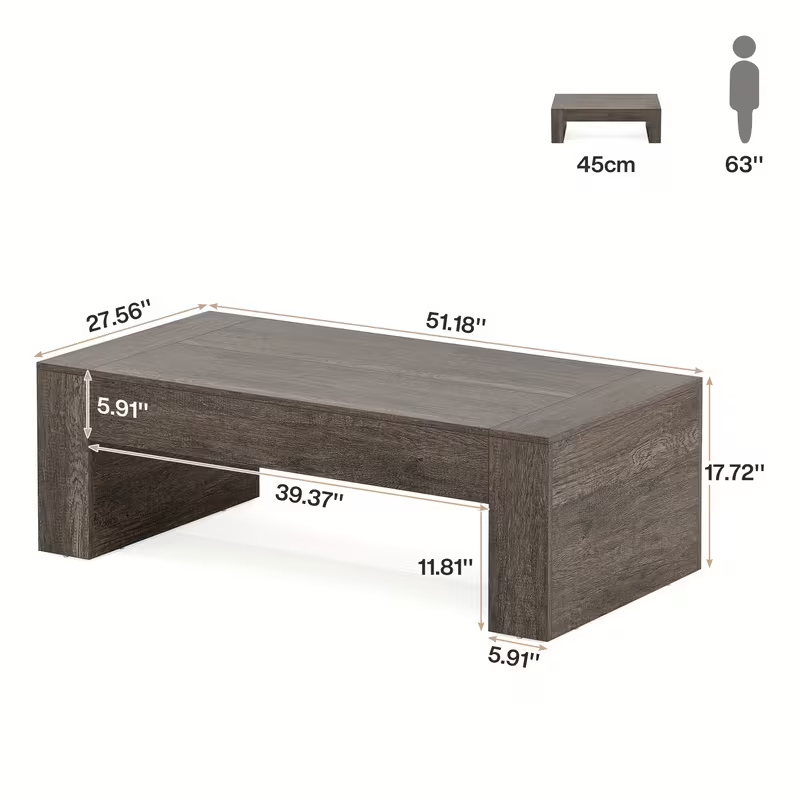 51" Solid Wood Coffee Table - Farmhouse Style Thickened Base (Color: Grey)