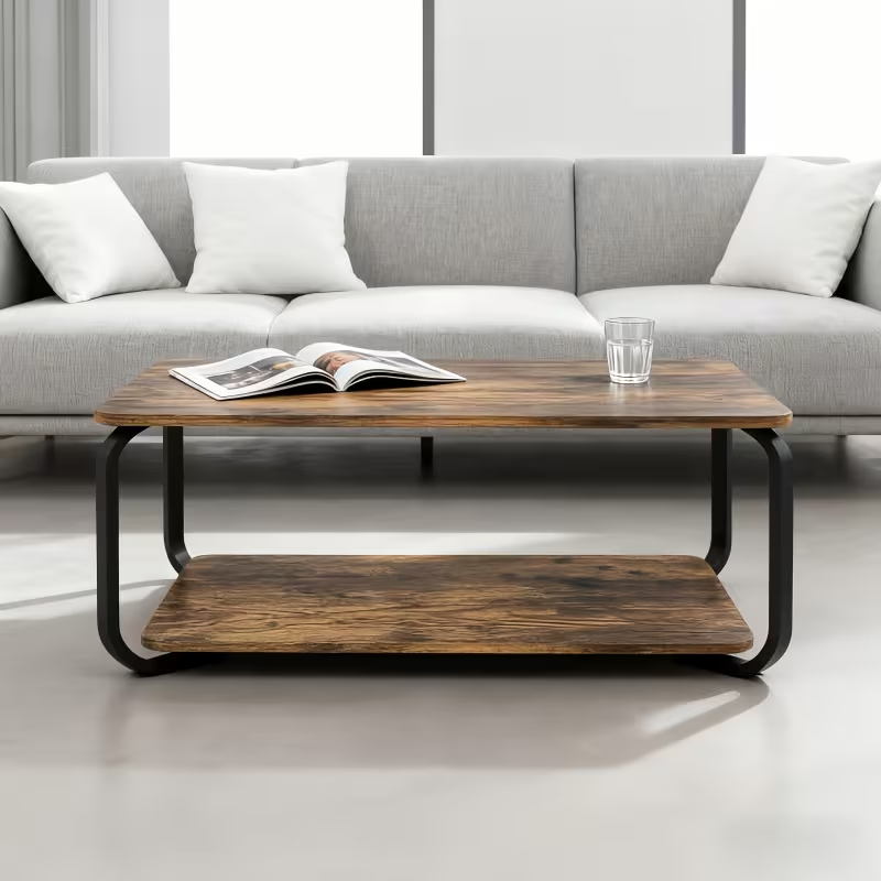 Solid Wood:  Retro Luxury Double-Layer Metal Frame Solid Wood Coffee Table with Storage Shelf