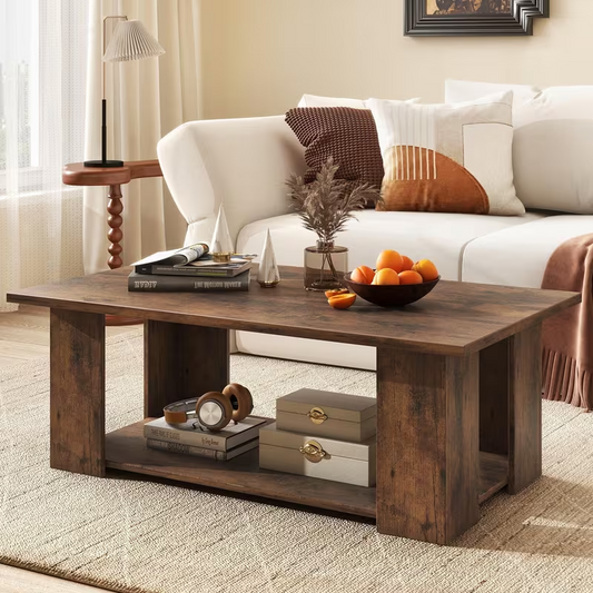 Modern Brown Coffee Table, 2-Tier LIFEZEAL Coffee Table with Storage Shelf