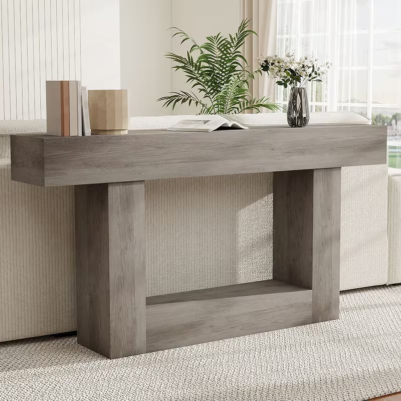 63" Modern Farmhouse Console Table with U-Shaped Base & 2-Tier Shelves (Light Grey)