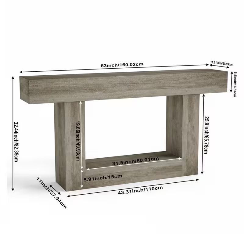 63" Modern Farmhouse Console Table with U-Shaped Base & 2-Tier Shelves (Light Grey)