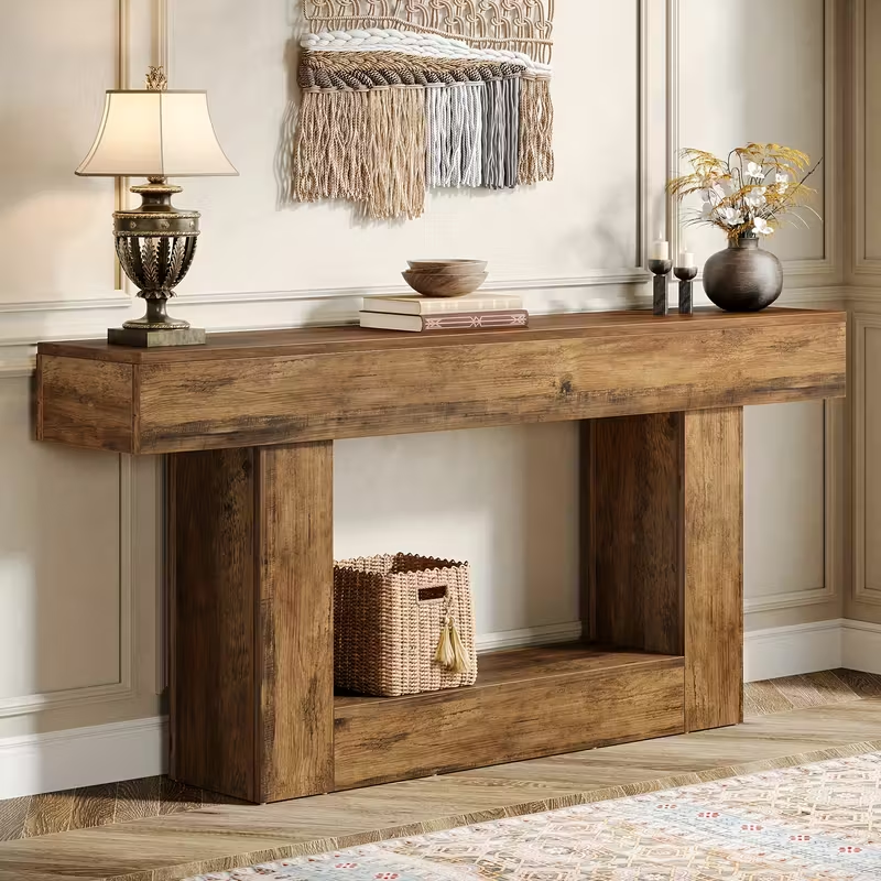 63" Modern Farmhouse Console Table with U-Shaped Base & 2-Tier Shelves