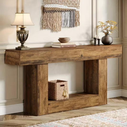 63" Modern Farmhouse Console Table with U-Shaped Base & 2-Tier Shelves