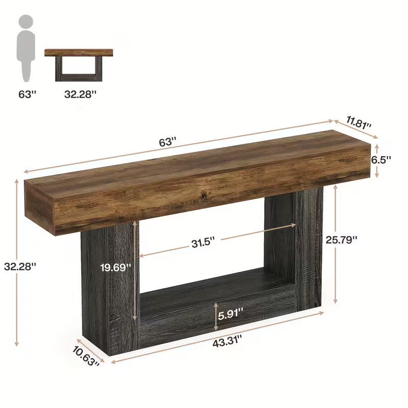 63" Modern Farmhouse Console Table with U-Shaped Base & 2-Tier Shelves