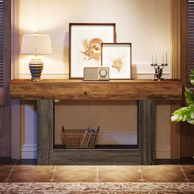 63" Modern Farmhouse Console Table with U-Shaped Base & 2-Tier Shelves