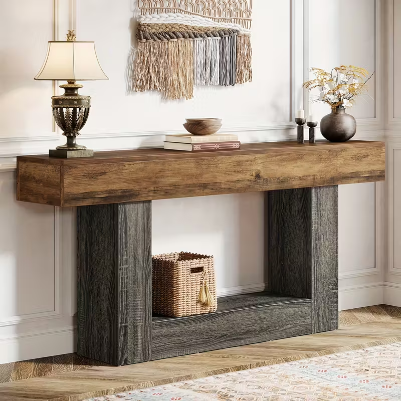 63" Modern Farmhouse Console Table with U-Shaped Base & 2-Tier Shelves