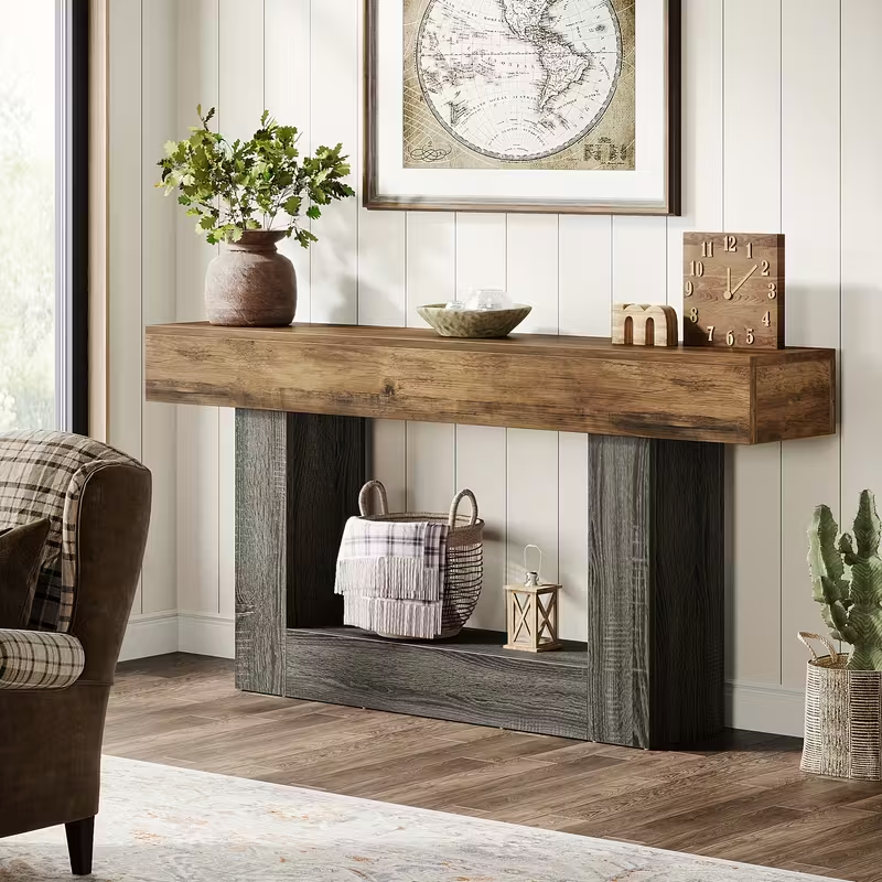 63" Modern Farmhouse Console Table with U-Shaped Base & 2-Tier Shelves