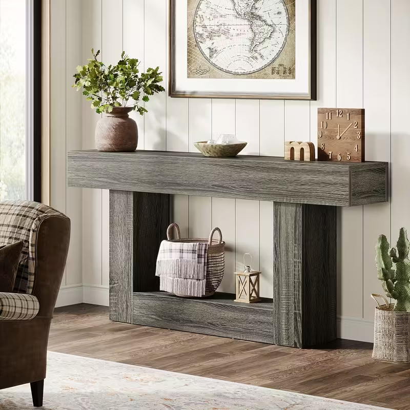 63" Modern Farmhouse Console Table with U-Shaped Base & 2-Tier Shelves