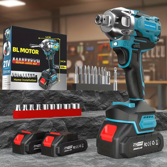 21V Cordless Impact Wrench with Brushless Motor (2 Batteries & Case