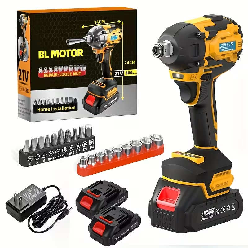 21V Cordless Impact Wrench with Brushless Motor (2 Batteries & Case)