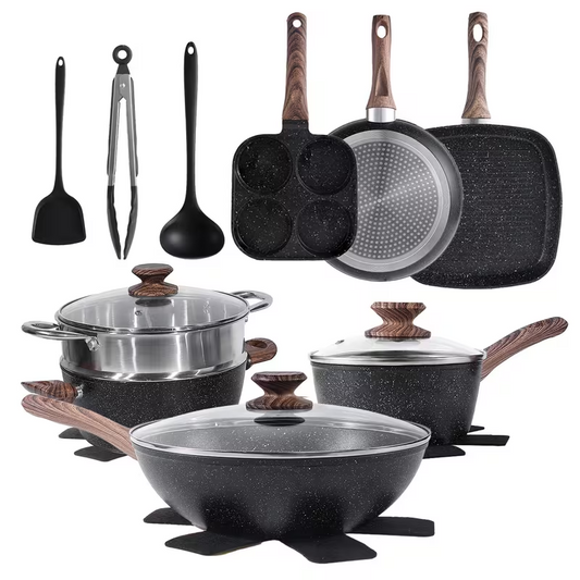 17-Piece, Non-Stick Ceramic Cookware Set (Black / Beige)
