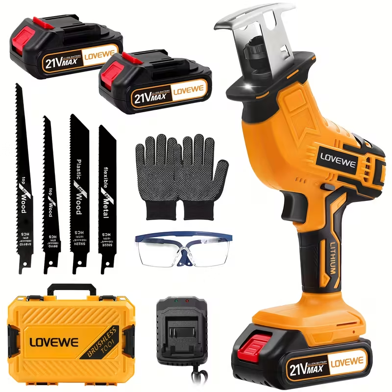 LOVEWE Cordless Reciprocating Saw with 2 Batteries, 4 Saw Blades, and Case