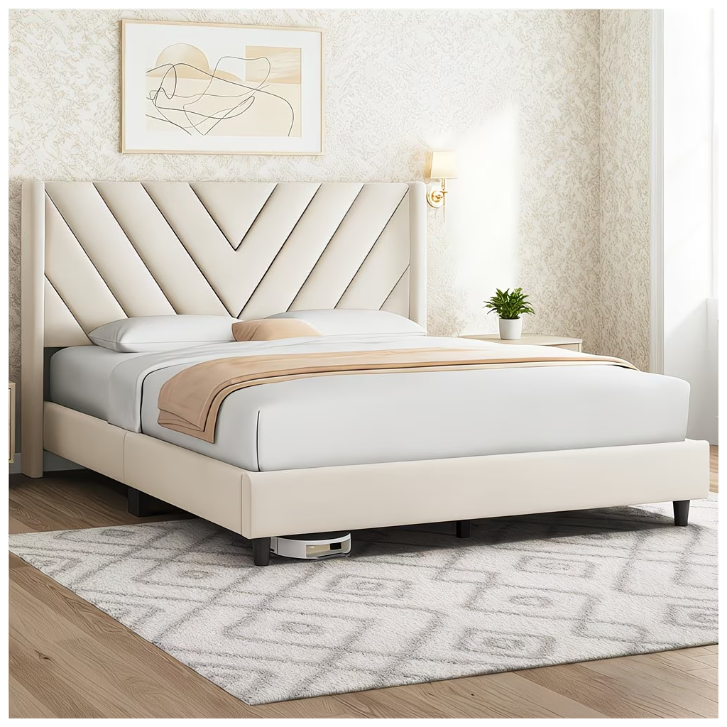 Queen Bed Frame, Stylish Bed Frame (Beige)