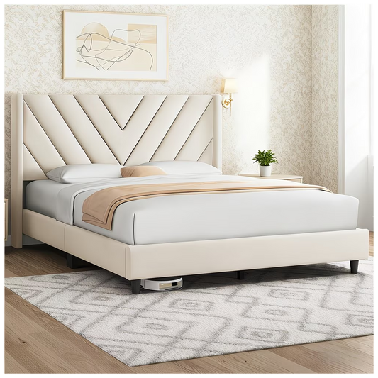Queen Bed Frame, Stylish Bed Frame (Beige)