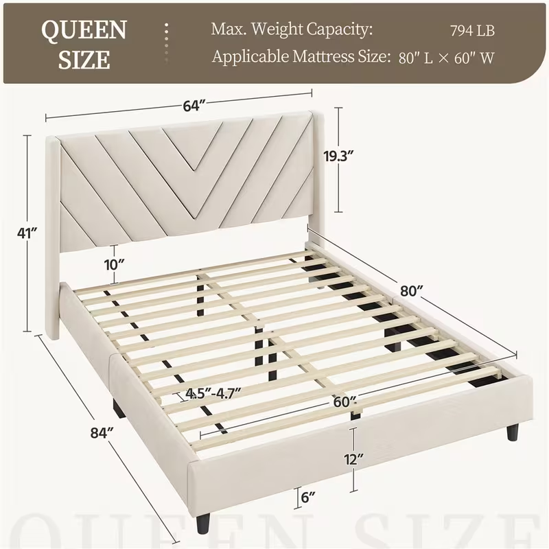Queen Bed Frame, Stylish Bed Frame (Beige)