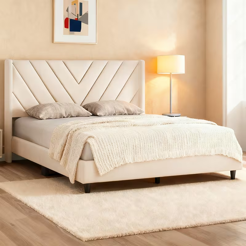 Queen Bed Frame, Stylish Bed Frame (Beige)
