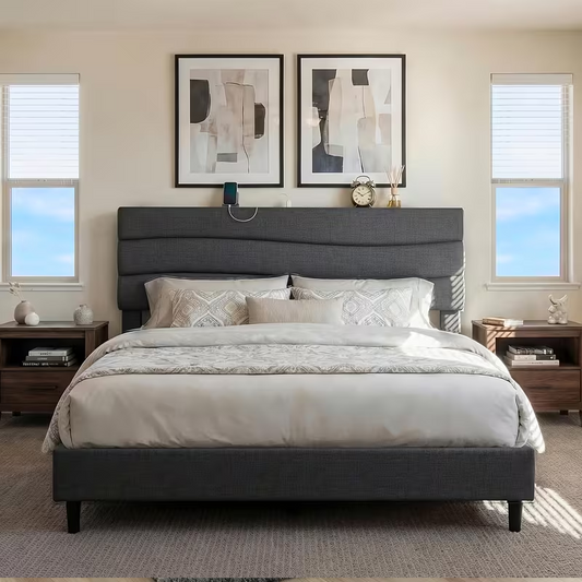 Queen Bed Frame, Stylish Wave Bed Frame (Grey)