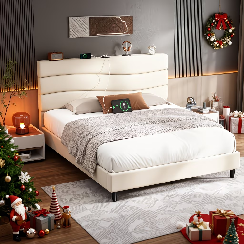 Queen Bed Frame, Stylish Wave Bed Frame (Beige)